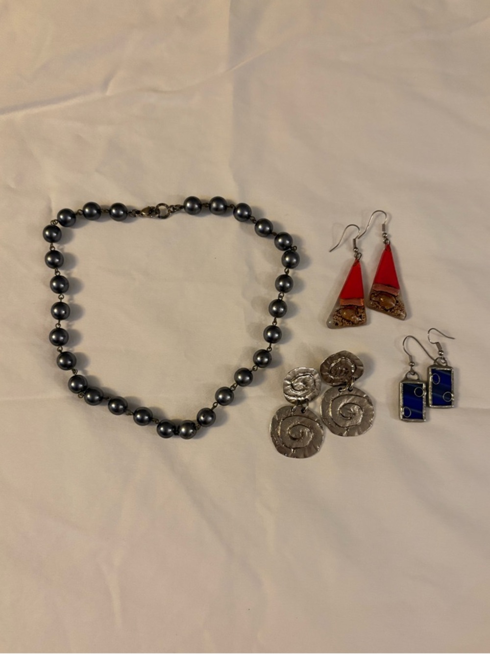 Jewelry bundle, grey beaded necklace, vintage and new dangle earrings